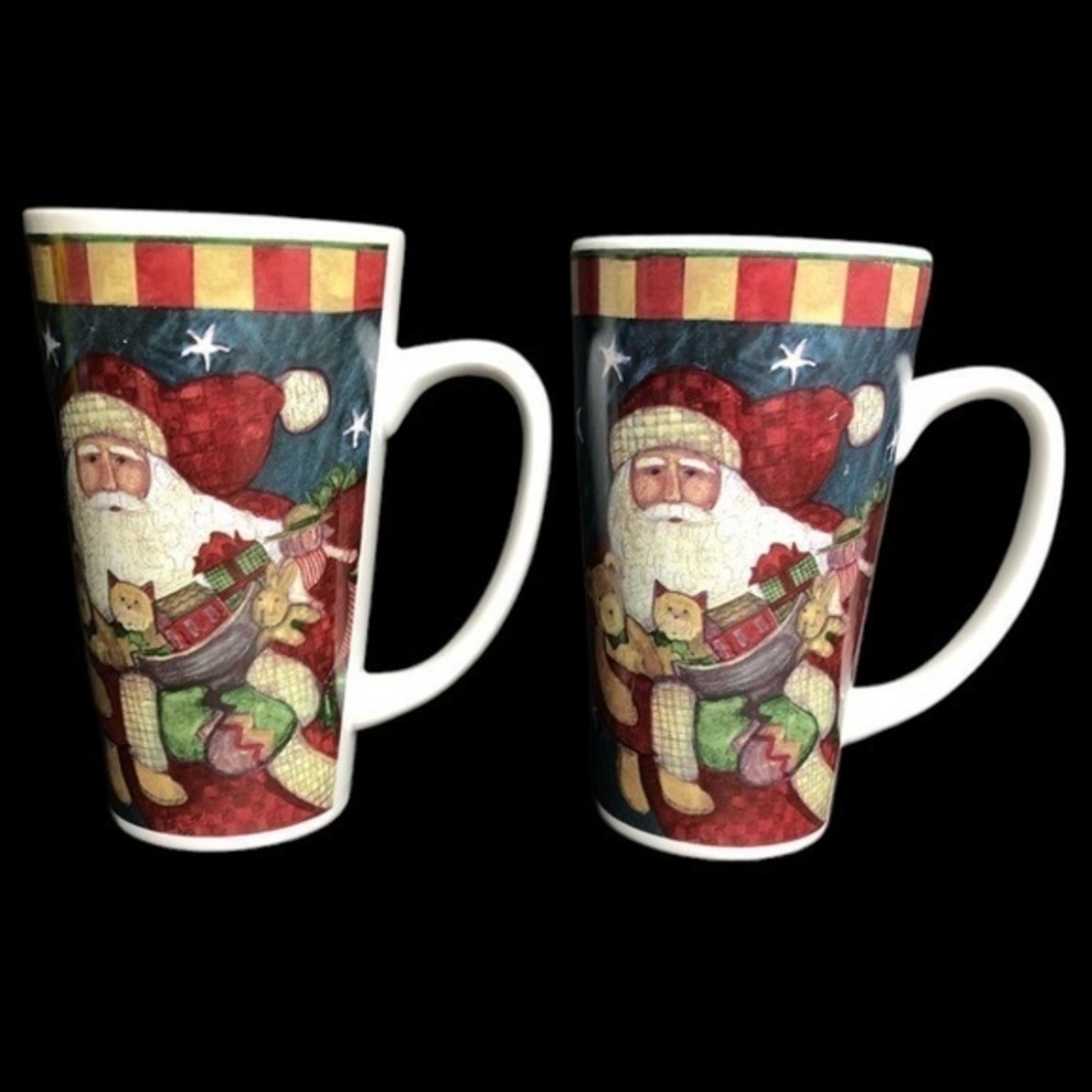 2 Certified International Susan Winget Santa 6” Latte Mugs in EUC